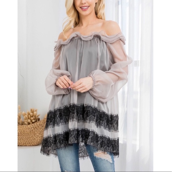 🎉New Clearance RYU Off the Shoulder Ruffle Sheer Sleeve Dress / Top - Picture 3 of 7